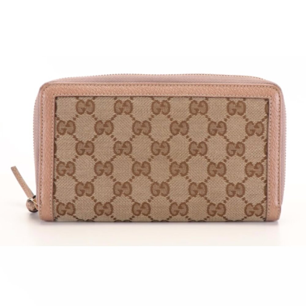 GUCCI Zip Around Wallet in Mauve Pink Leather Trimmed Beige GG Canvas | Women